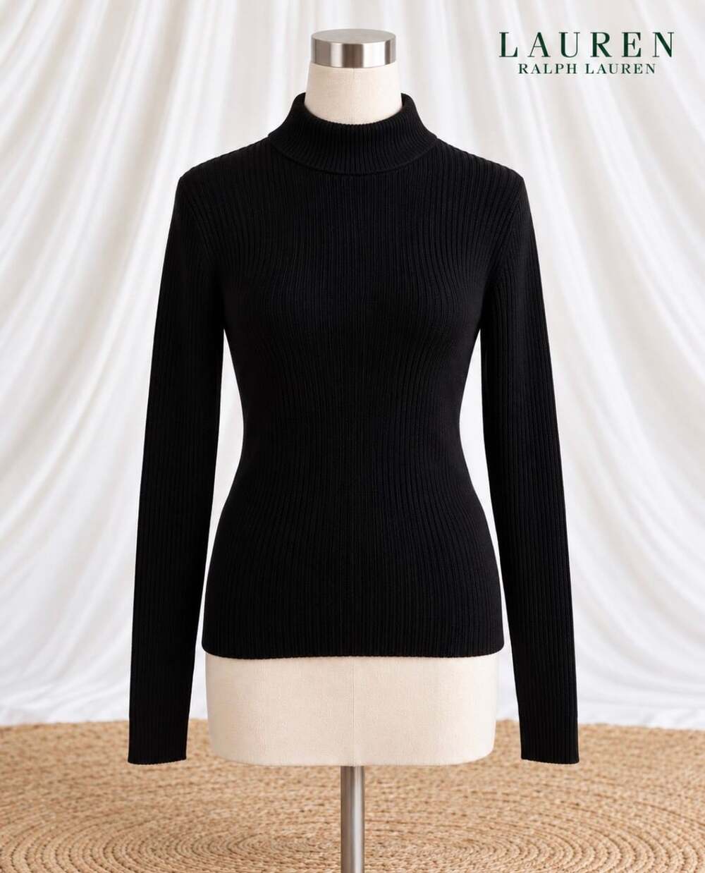 Lauren Ralph Lauren Petite Black 100% Cotton Ribbed Turtleneck Sweater PM